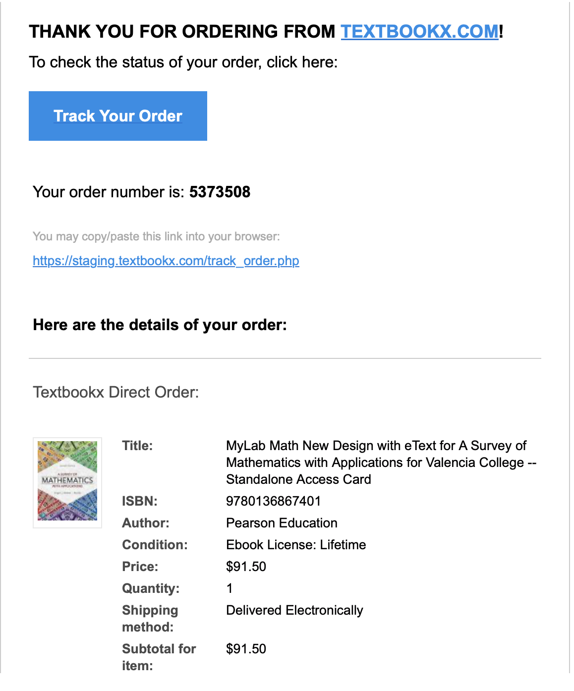 TextbookX Confirmation Email Screenshot
