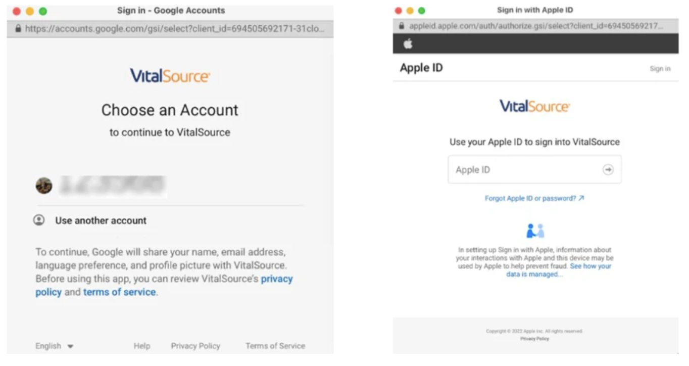 Google and AppleID login screens with vitalsource