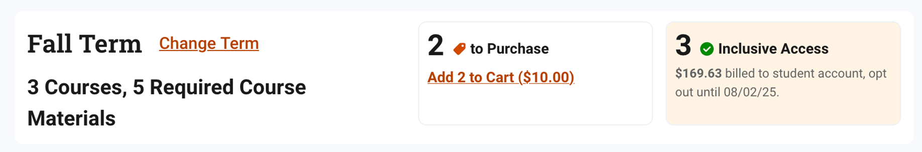 View of courses and purchase options